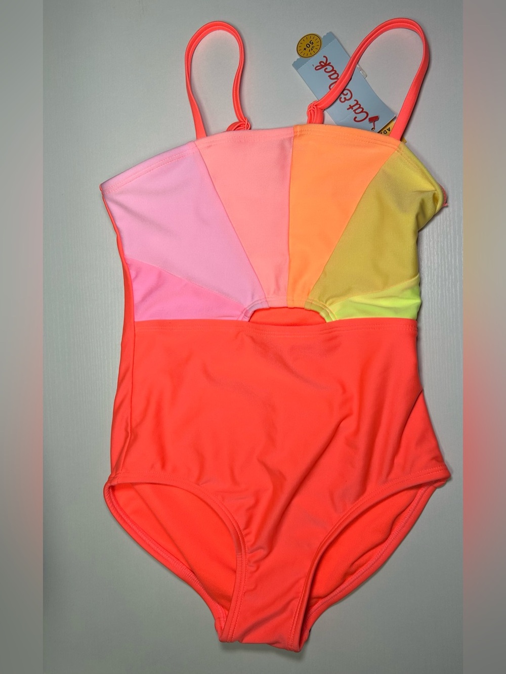 Cat & Jack girls' swimsuit features a colorful sunrise-themed Size M